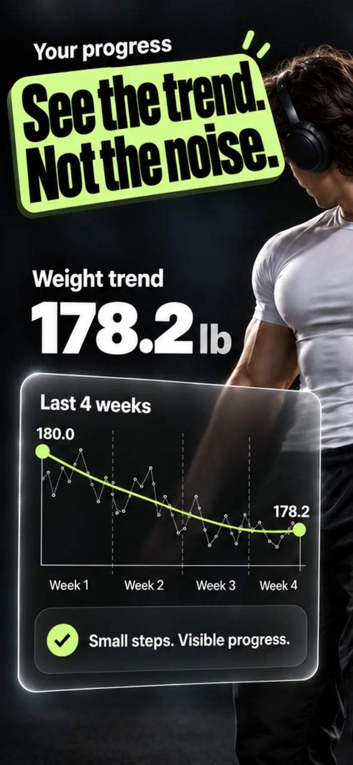 A weight trend chart puts daily weigh-ins in context